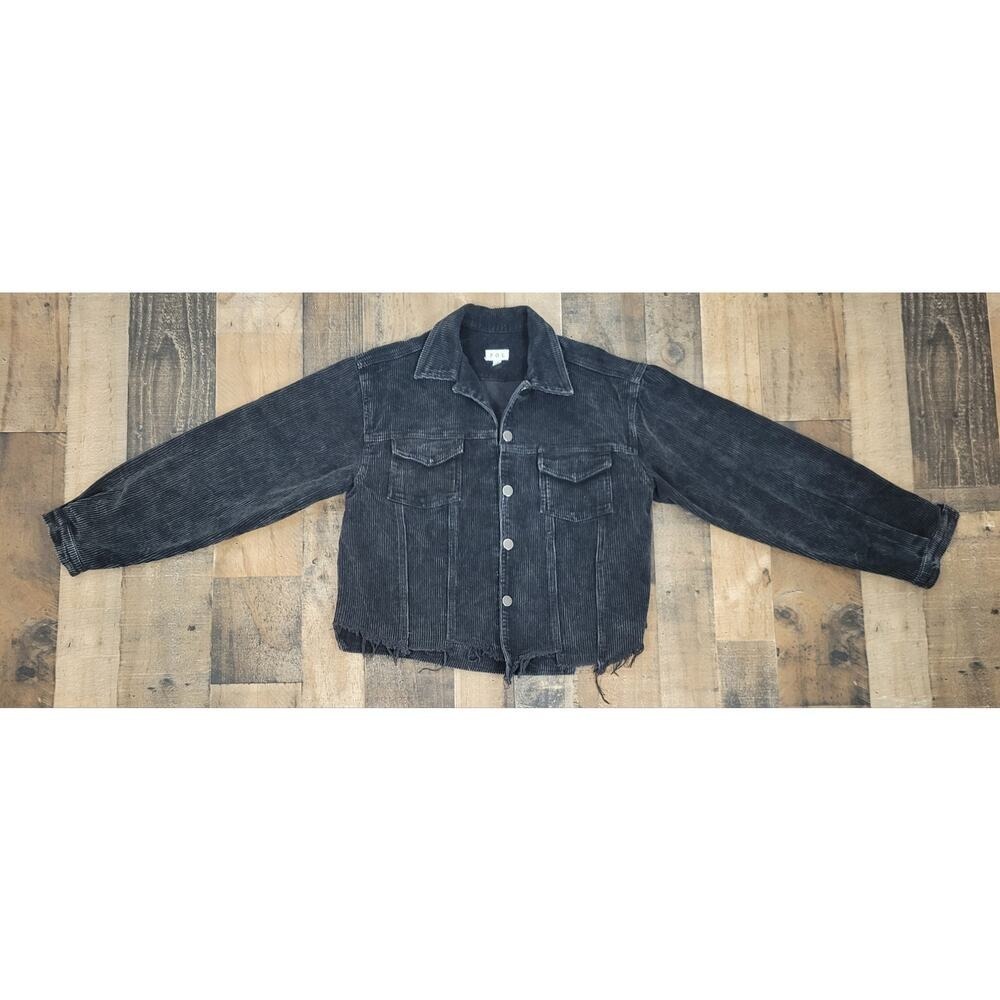 POL Womens Small Blck Corduroy‎ Raw Hem Frayed Button Shacket Jacket Casual Boho